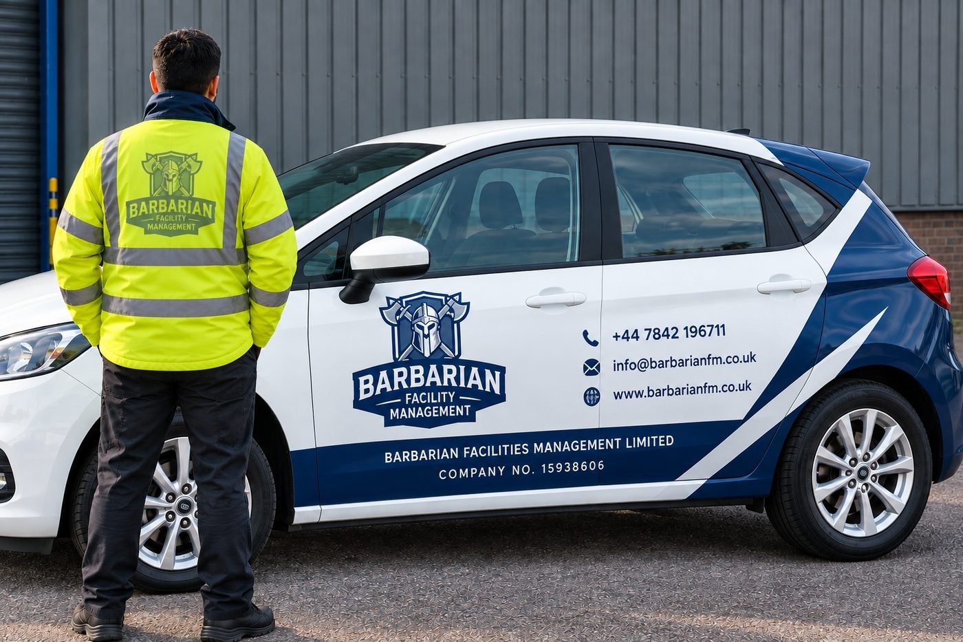 A Barbarian Facilities Management officer beside a branded patrol vehicle
